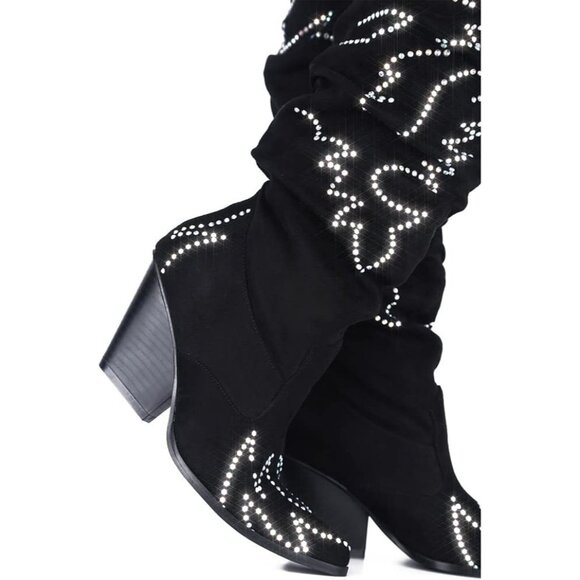 Women Stone Black Fabric Thigh High Over The Knee Pointed Toe Chunky Heel Boot - Picture 2 of 4